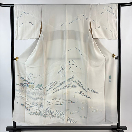 【美品】訪問服 身長151.5cm 袖長62cm S 雙層 上野街子 清染居 落款あり 此良暮雪 松樹 ぼかし 絞織 米色 純蠶絲 逸品級