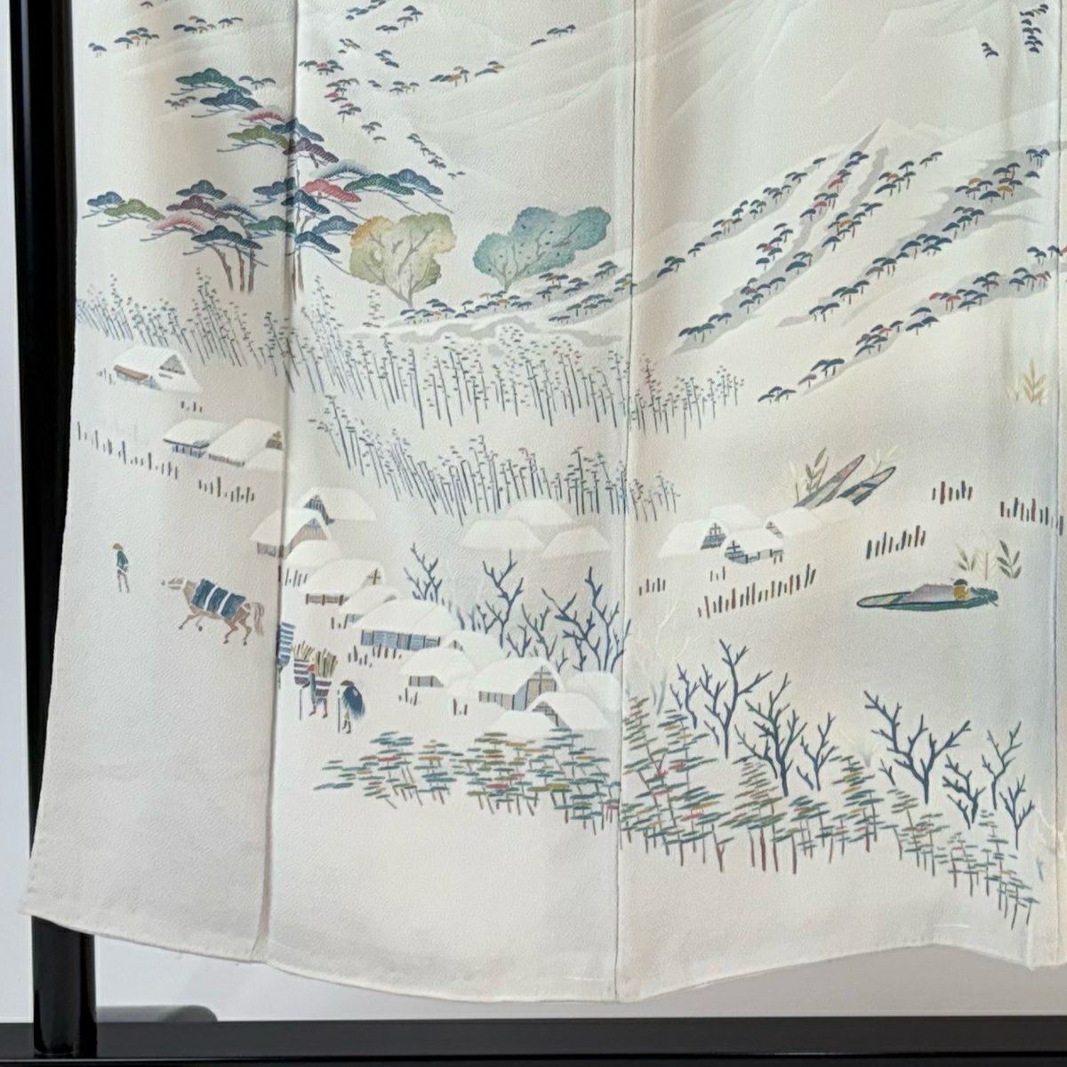 【美品】訪問服 身長151.5cm 袖長62cm S 雙層 上野街子 清染居 落款あり 此良暮雪 松樹 ぼかし 絞織 米色 純蠶絲 逸品級