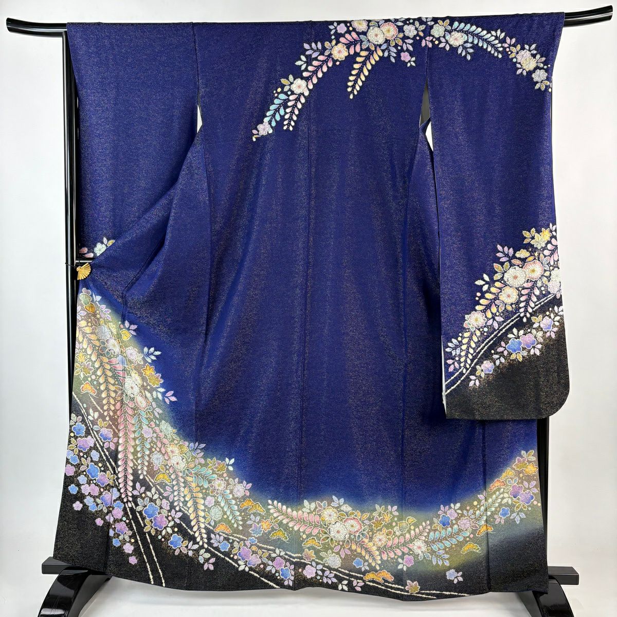振袖禮服 身長163.5cm 袖長67.5cm L 雙層 徳永憲峯 落款あり 辻花染 金通し 金銀彩 深藍 純蠶絲 逸品級
