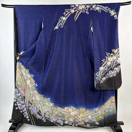 振袖禮服 身長163.5cm 袖長67.5cm L 雙層 徳永憲峯 落款あり 辻花染 金通し 金銀彩 深藍 純蠶絲 逸品級