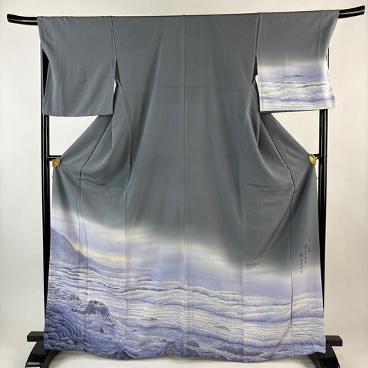 付下 身長167.5cm 袖長69cm L 雙層 樋熊哲也 落款 日本百景 曽々木海岸 風景 漸層 灰色 純蠶絲 逸品級