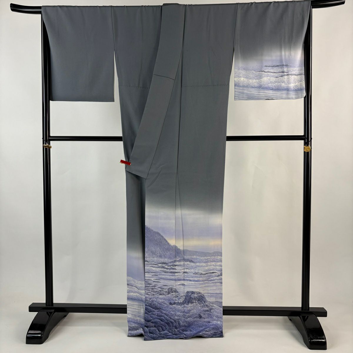 付下 身長167.5cm 袖長69cm L 雙層 樋熊哲也 落款 日本百景 曽々木海岸 風景 漸層 灰色 純蠶絲 逸品級