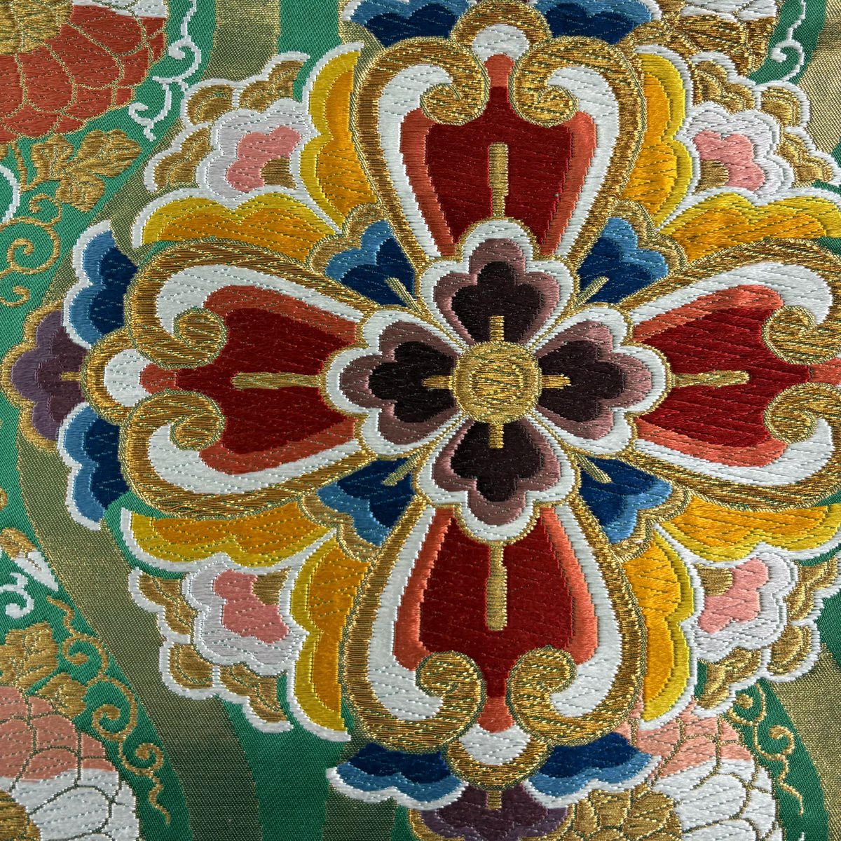 袋帶 逸品級 河合美術織物 落款 華紋 立涌 金絲 唐織 綠 六通 純蠶絲
