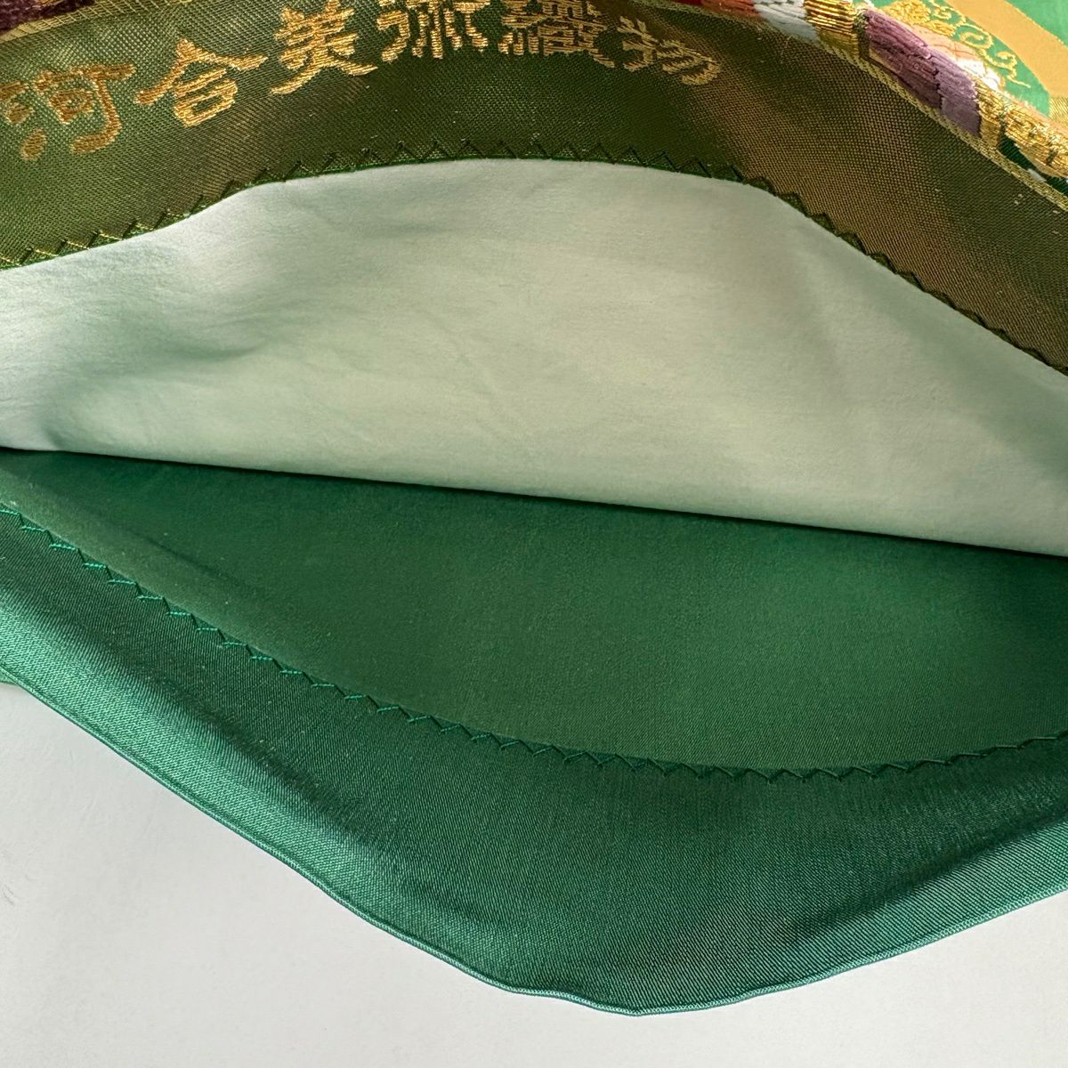 袋帶 逸品級 河合美術織物 落款 華紋 立涌 金絲 唐織 綠 六通 純蠶絲