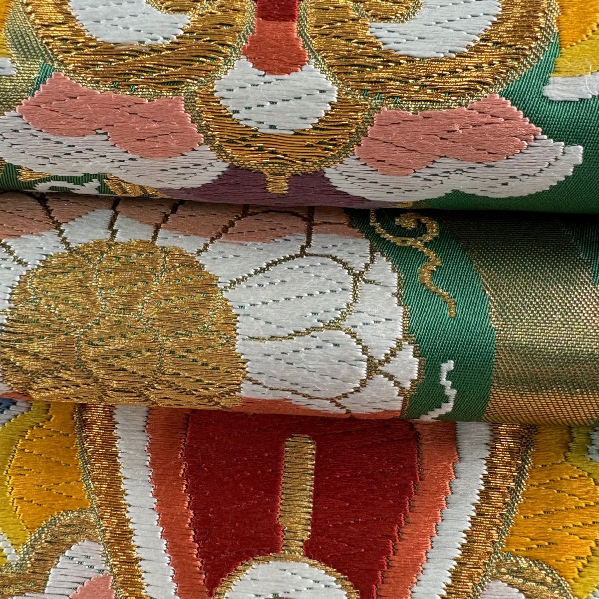 袋帶 逸品級 河合美術織物 落款 華紋 立涌 金絲 唐織 綠 六通 純蠶絲