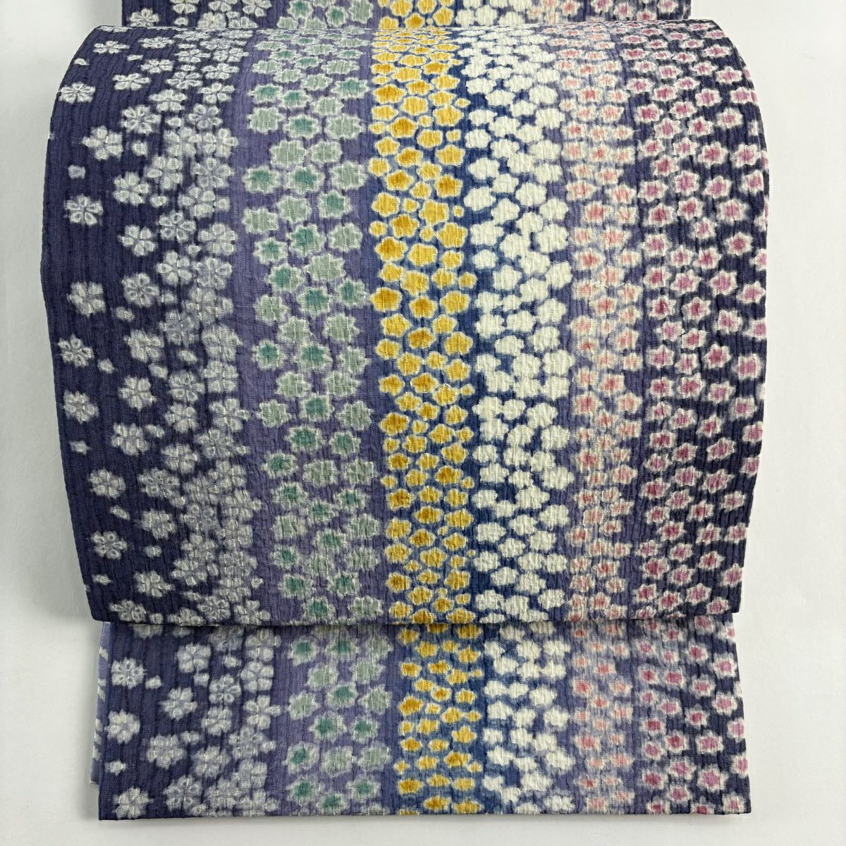 【美品】 袋帶 逸品級 小花 葉紋 青紫 全通 純蠶絲