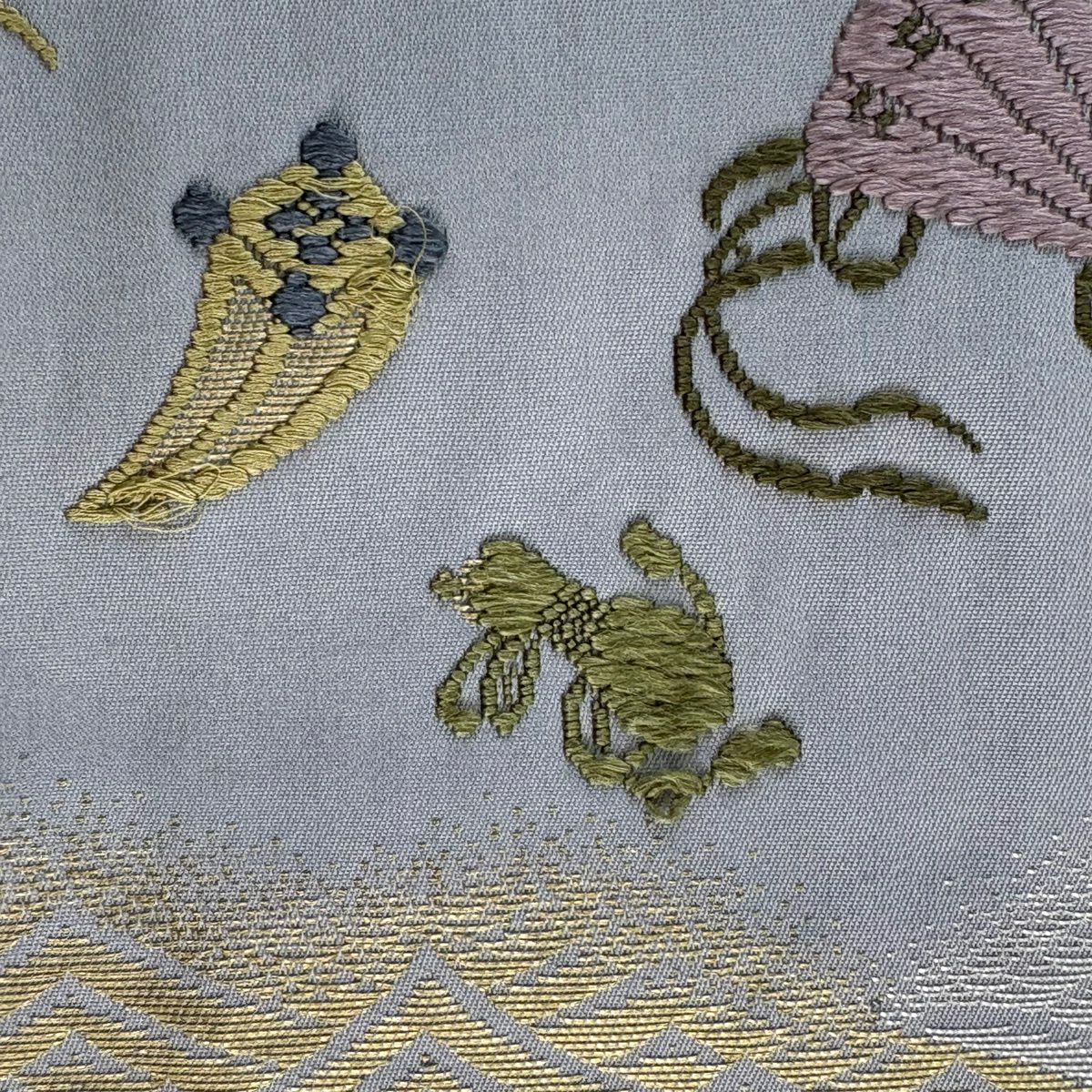 袋帶 逸品級 附落款 山口弘躬工房 祥波寶盡文 銀線 金金箔 灰 深藍色 正蠶絲