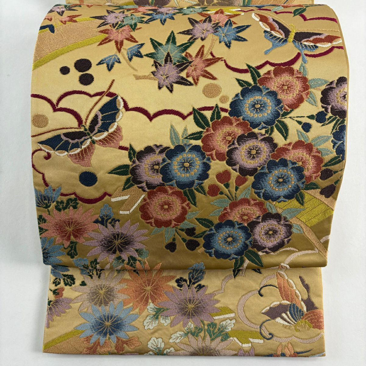 【美品】 袋帶 逸品級 白綾苑大庭 落款 花丸紋 雲紋 金金箔 黃土 深色 六通 純蠶絲