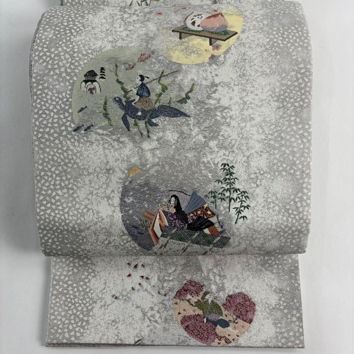 【美品】 袋帶 逸品級 日本昔話 浦島太郎 金銀糸 金金箔 灰色 大鼓圖案 純蠶絲