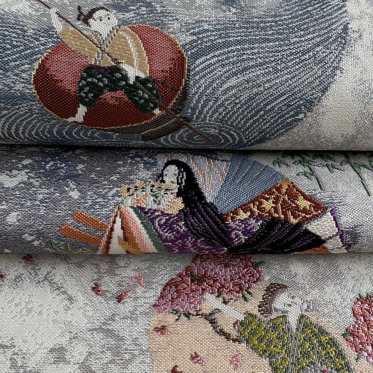 【美品】 袋帶 逸品級 日本昔話 浦島太郎 金銀糸 金金箔 灰色 大鼓圖案 純蠶絲