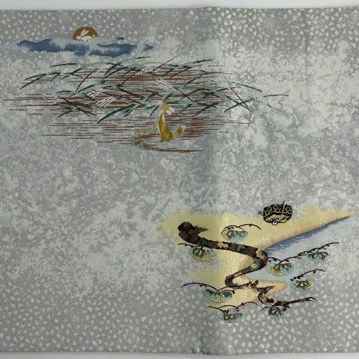 【美品】 袋帶 逸品級 日本昔話 浦島太郎 金銀糸 金金箔 灰色 大鼓圖案 純蠶絲