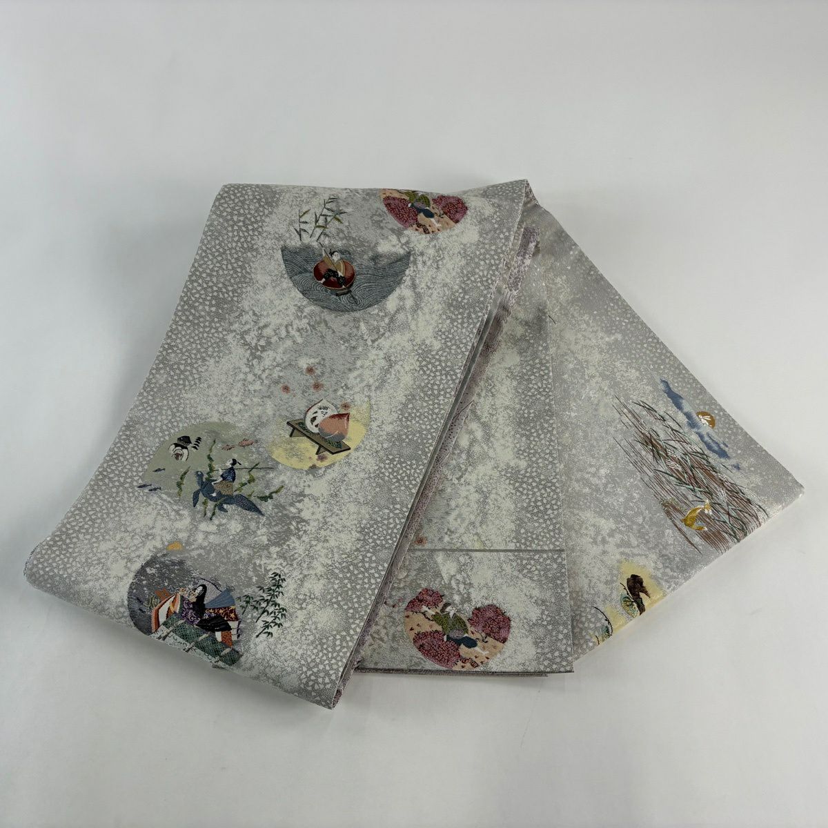 【美品】 袋帶 逸品級 日本昔話 浦島太郎 金銀糸 金金箔 灰色 大鼓圖案 純蠶絲