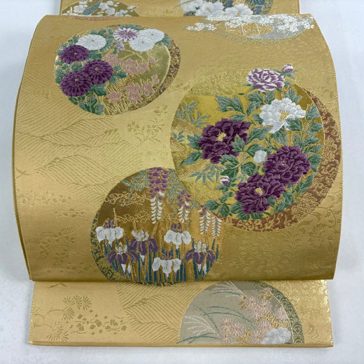 【美品】 袋帶 逸品級 じゅらく 落款あり じゅらく帝王紫 圓文 草花紋紋 金銀彩 金金箔 淺黃土色 大鼓圖案 純蠶絲