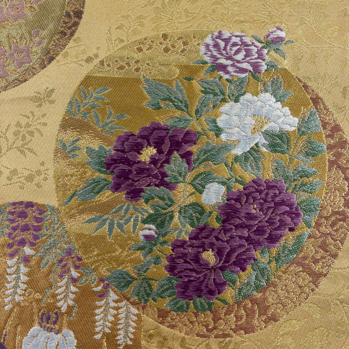 【美品】 袋帶 逸品級 じゅらく 落款あり じゅらく帝王紫 圓文 草花紋紋 金銀彩 金金箔 淺黃土色 大鼓圖案 純蠶絲