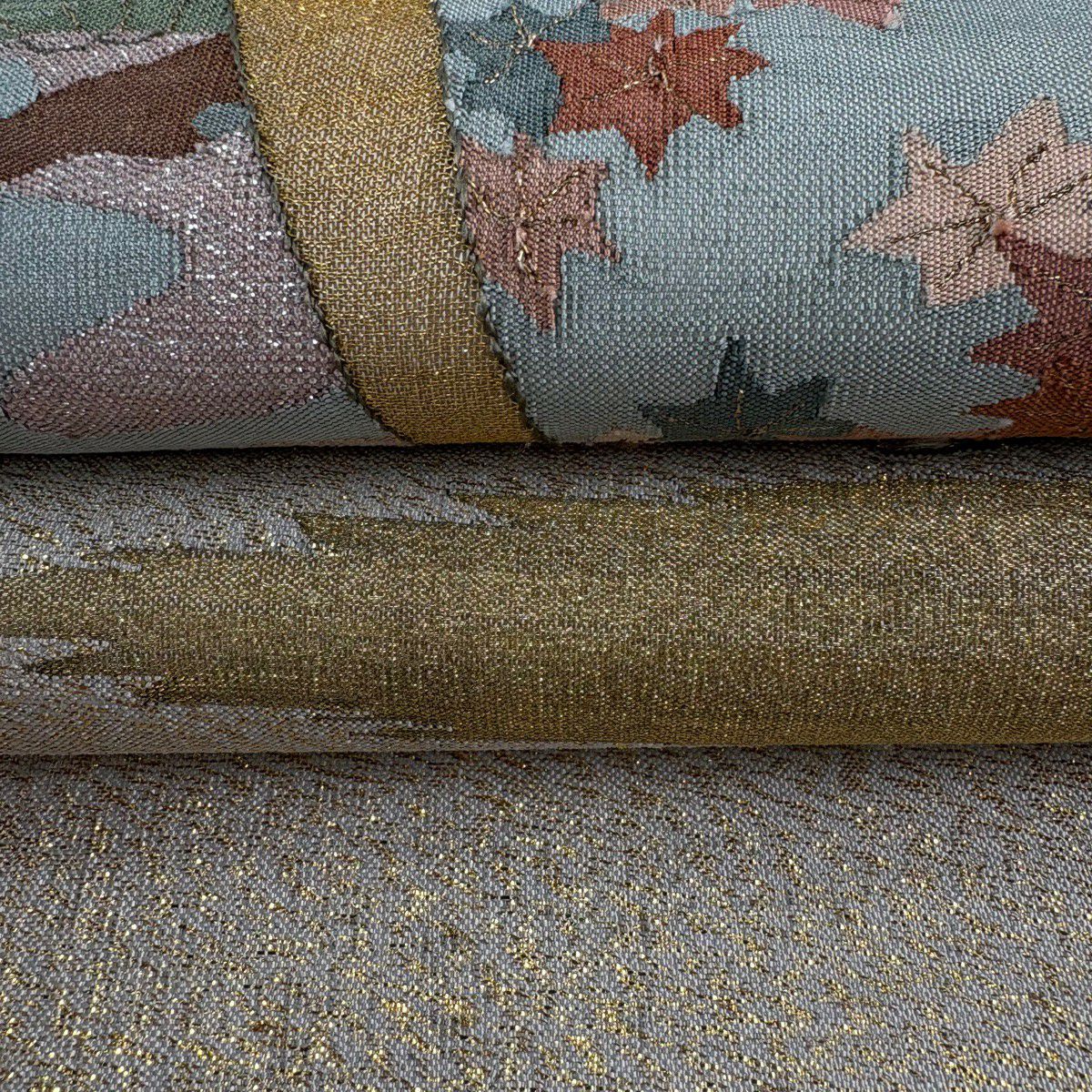 袋帶 逸品級 色紙 草花紋紋 金金箔 灰茶 お太鼓柄 純蠶絲