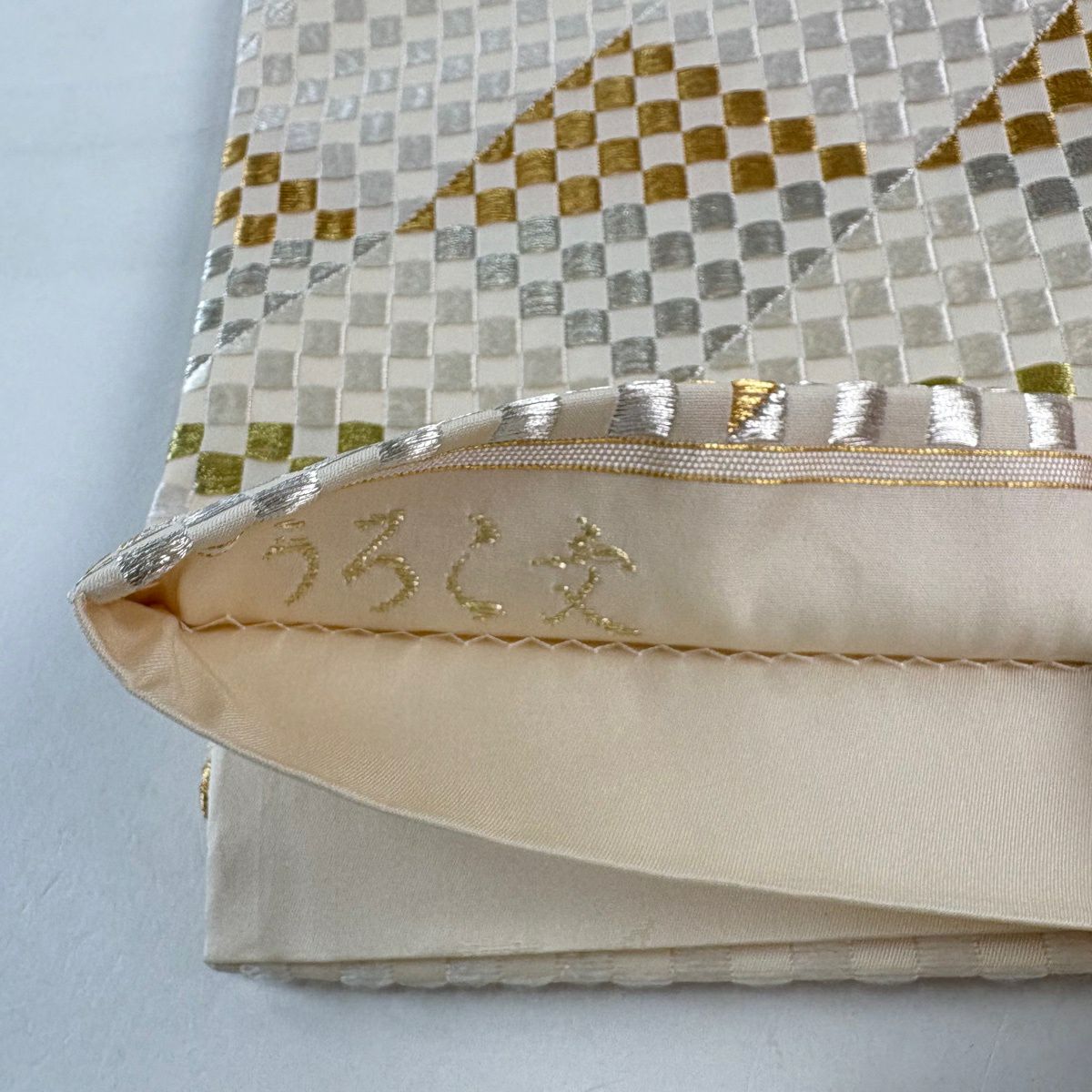 袋帶 逸品級 附落款 山口正夫監修 鱗文 市松樹 金銀線 奶油色 大鼓圖案 純蠶絲