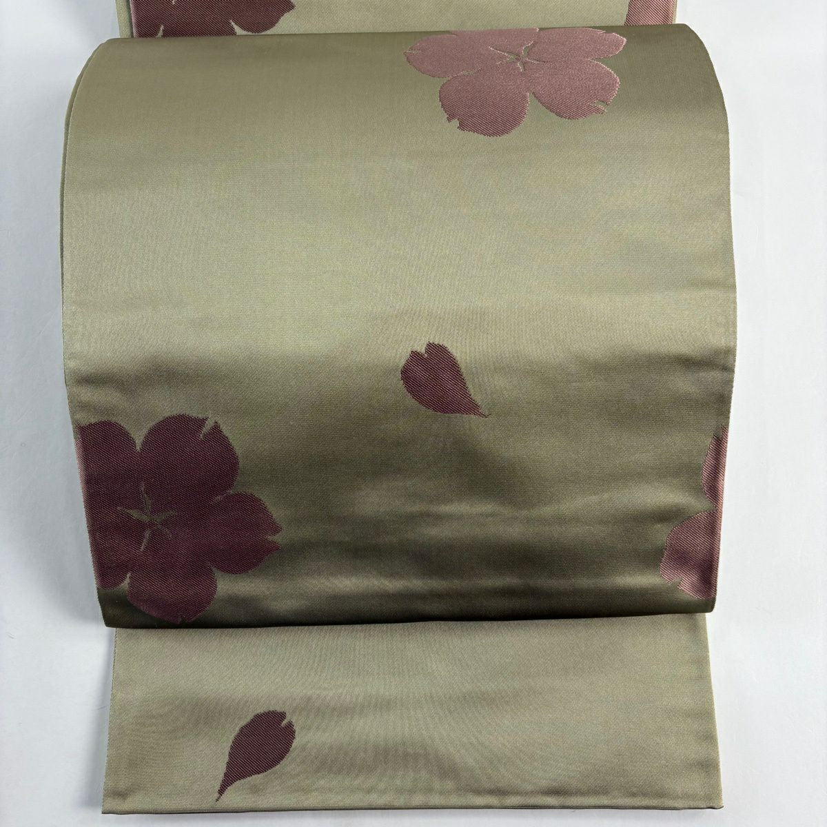 【美品】 袋帶 逸品級 辻村ジュサブロー 落款あり 關西裁縫 櫻 花瓣 灰綠 六通 純蠶絲