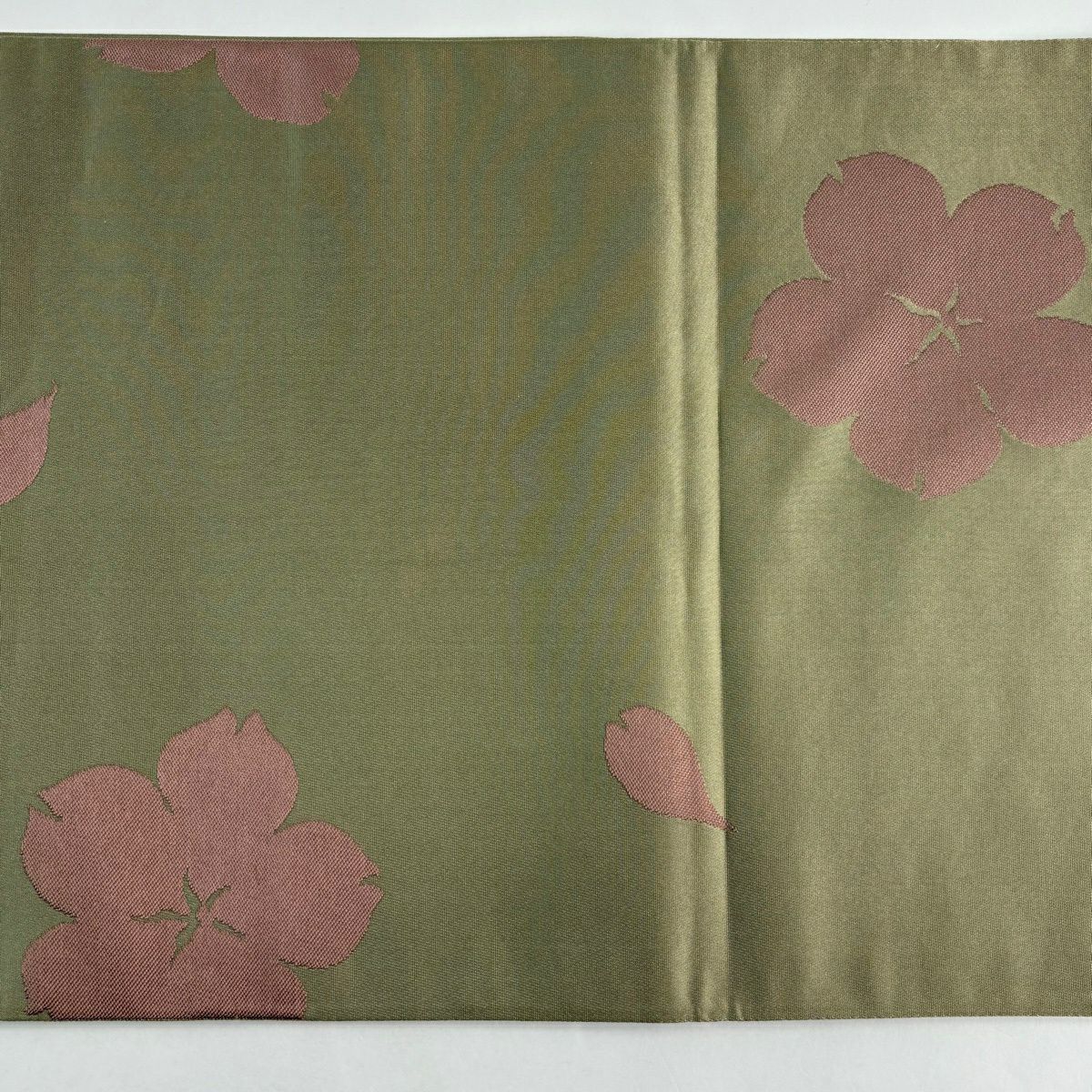 【美品】 袋帶 逸品級 辻村ジュサブロー 落款あり 關西裁縫 櫻 花瓣 灰綠 六通 純蠶絲