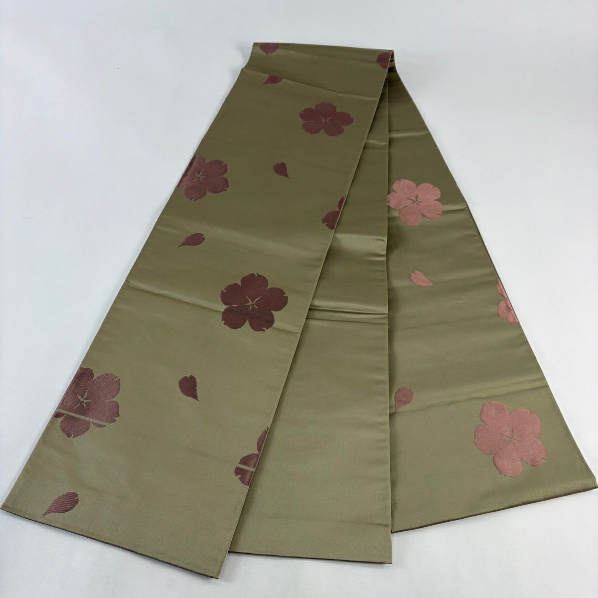 【美品】 袋帶 逸品級 辻村ジュサブロー 落款あり 關西裁縫 櫻 花瓣 灰綠 六通 純蠶絲