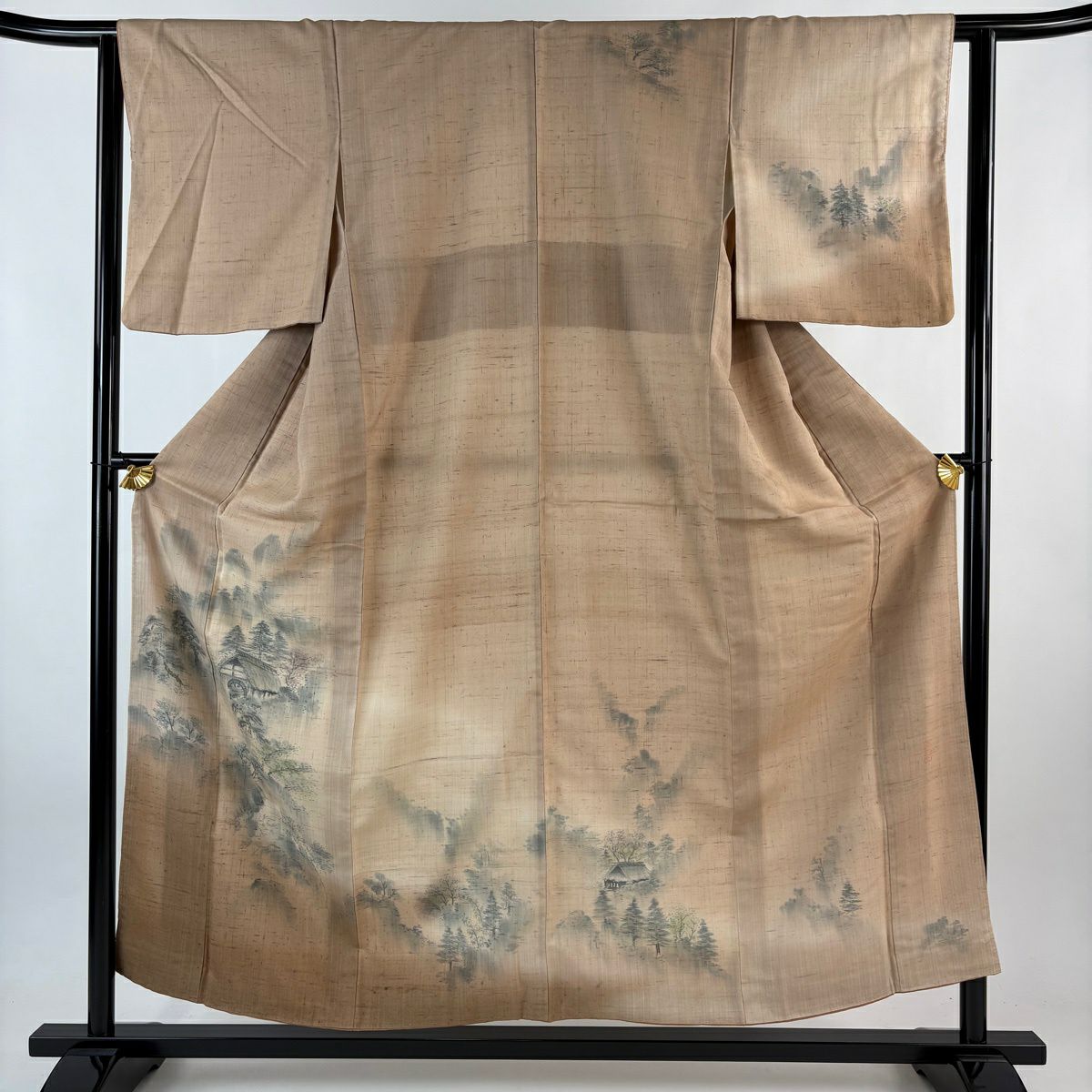 【美品】訪問服 身長155.5cm 袖長62.5cm S 雙層 生紬織 落款あり 證書あり 風景 樹木 薄茶 純蠶絲 名品級