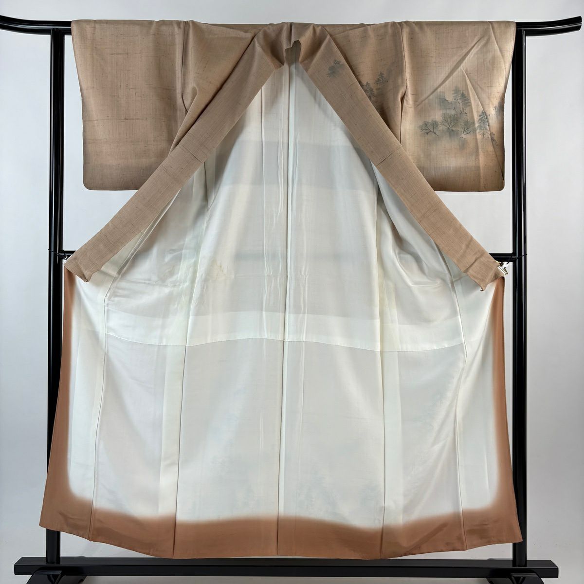 【美品】訪問服 身長155.5cm 袖長62.5cm S 雙層 生紬織 落款あり 證書あり 風景 樹木 薄茶 純蠶絲 名品級