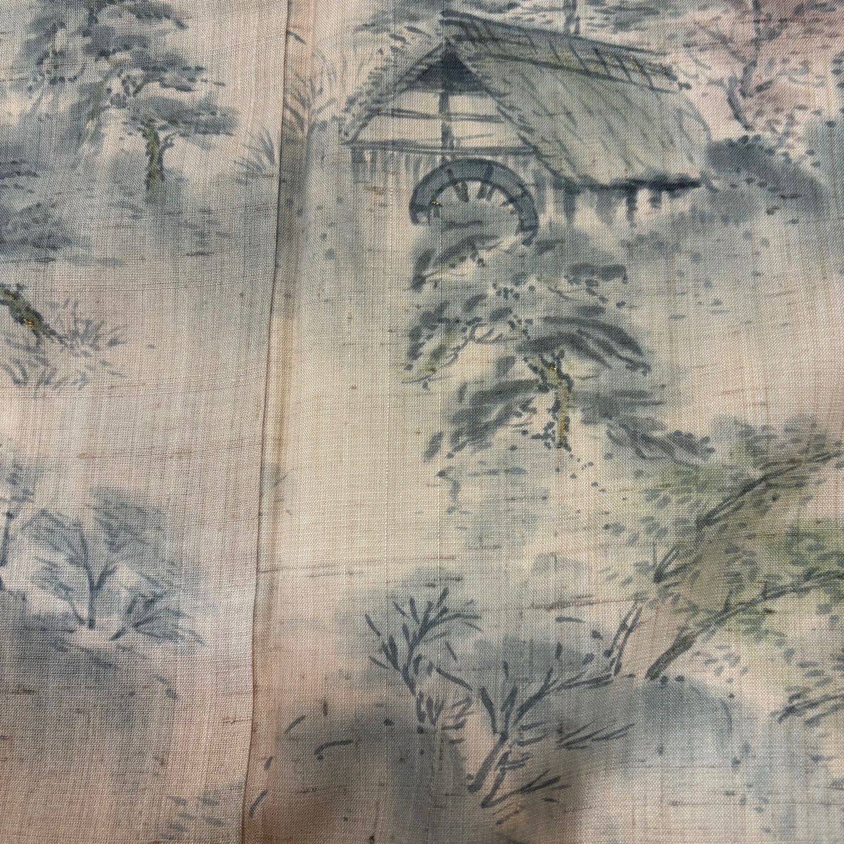 【美品】訪問服 身長155.5cm 袖長62.5cm S 雙層 生紬織 落款あり 證書あり 風景 樹木 薄茶 純蠶絲 名品級