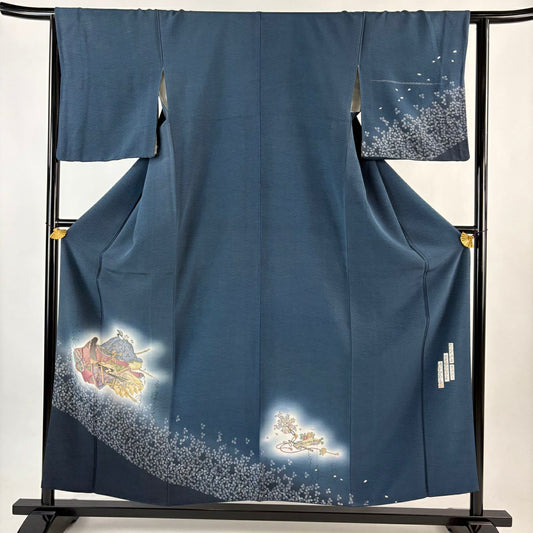 付下 身長155cm 袖長64cm M 雙層 樽本伊勢蔵 有落款 殿姫 萩 金銀彩 漸層 深藍 純蠶絲 名品級