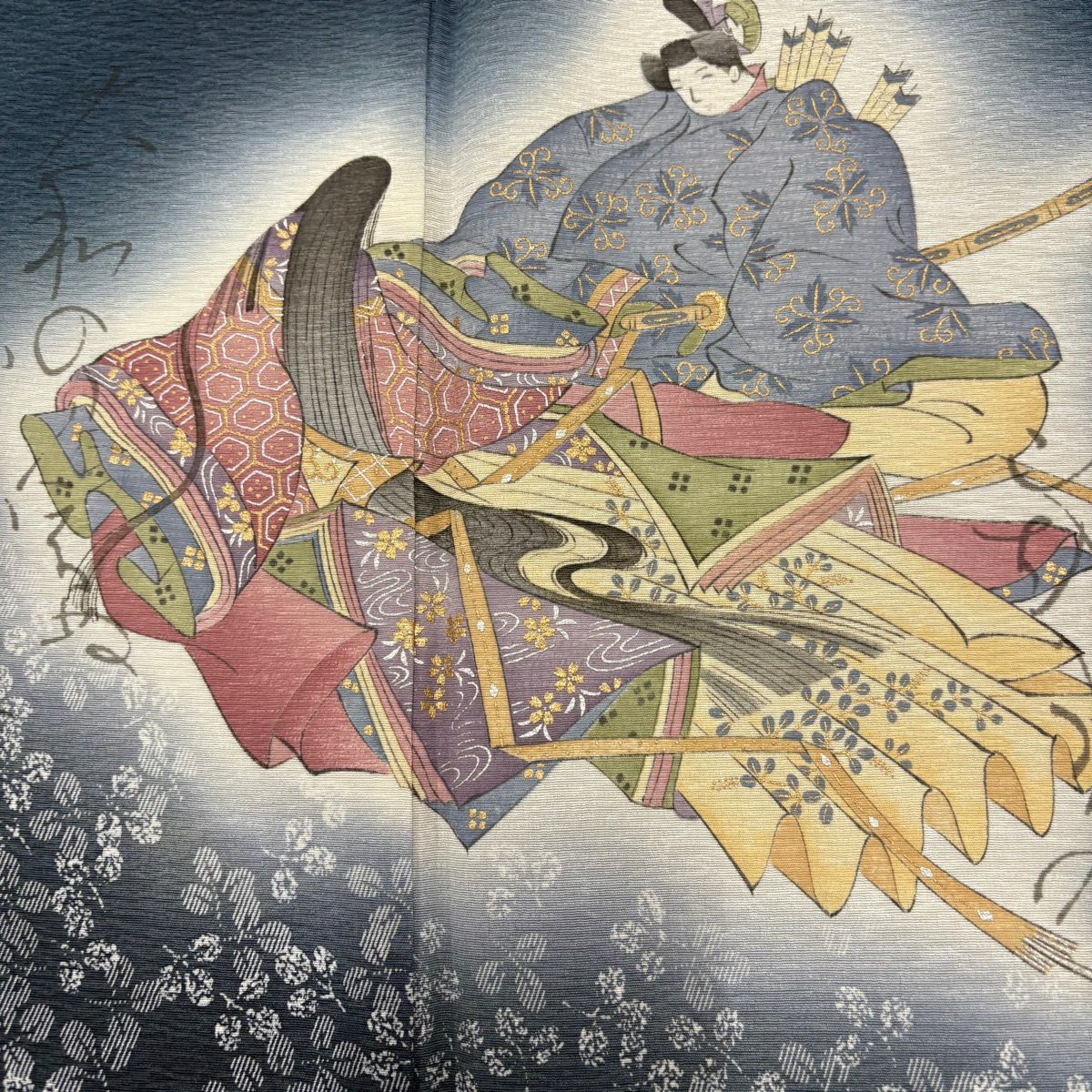 付下 身長155cm 袖長64cm M 雙層 樽本伊勢蔵 有落款 殿姫 萩 金銀彩 漸層 深藍 純蠶絲 名品級