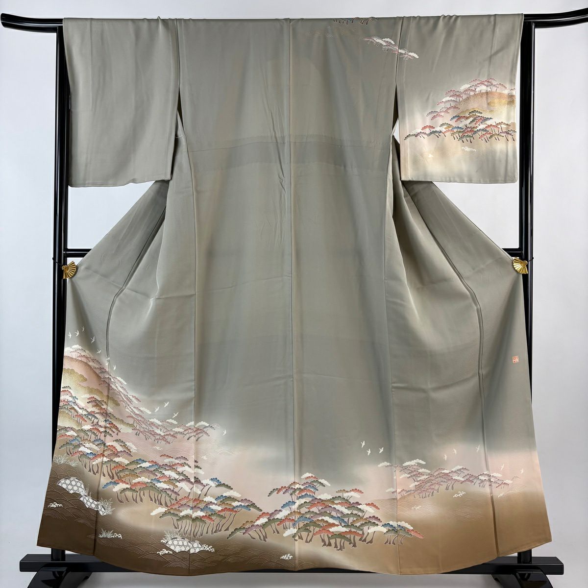 訪問服 身長158cm 袖長66cm M 雙層 背抜 落款あり 松樹 鳥 金銀彩 漸層 灰綠 純蠶絲 名品級