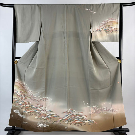 訪問服 身長158cm 袖長66cm M 雙層 背抜 落款あり 松樹 鳥 金銀彩 漸層 灰綠 純蠶絲 名品級