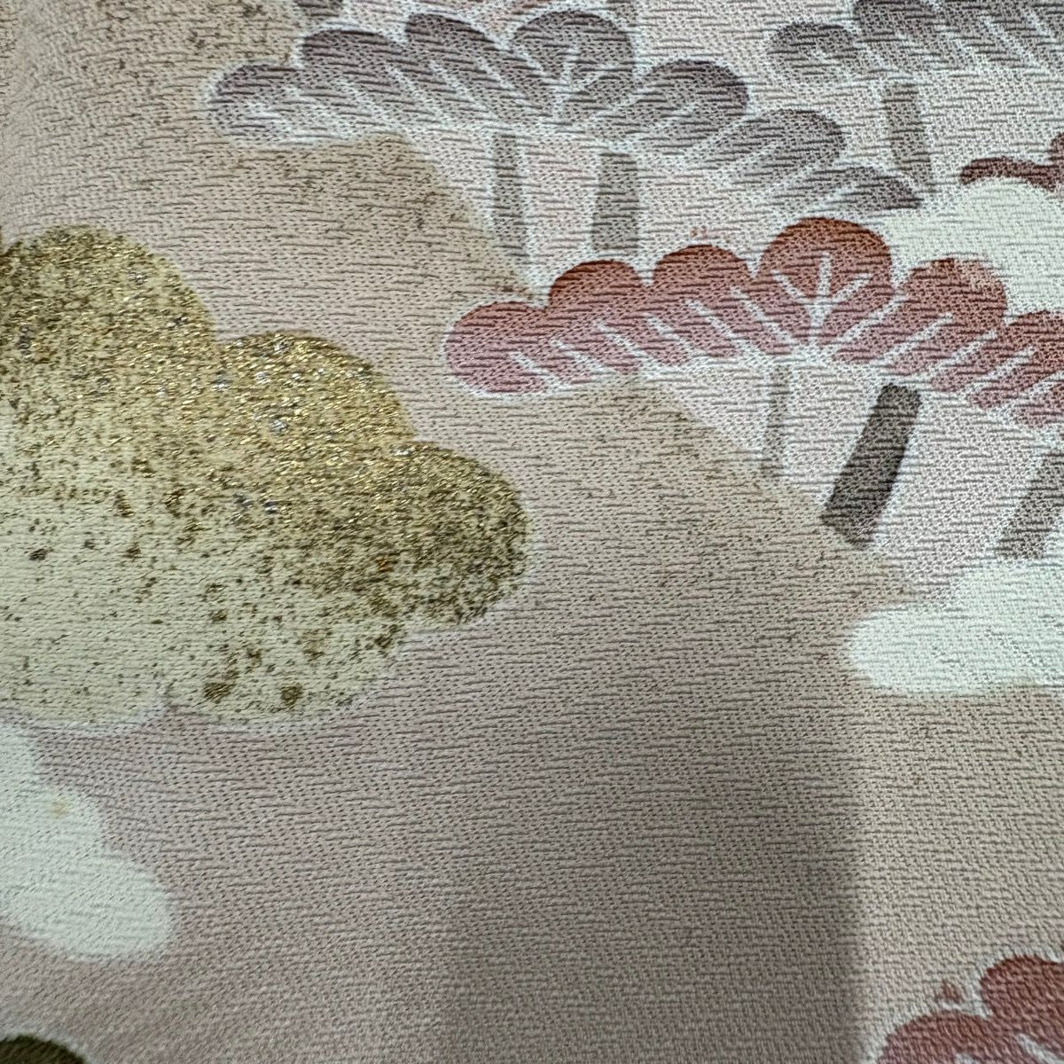 訪問服 身長158cm 袖長66cm M 雙層 背抜 落款あり 松樹 鳥 金銀彩 漸層 灰綠 純蠶絲 名品級