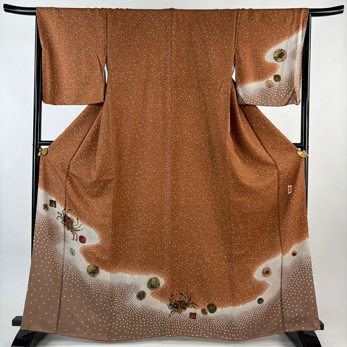【美品】 付下 身長163.5cm 袖長67cm M 雙層 魯山人 落款あり 蟹 霞 漸層 茶 純蠶絲 名品級