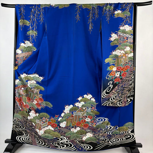 振袖禮服 身長164.5cm 袖長65cm M 雙層 御所車 松樹 金銀彩 青 純蠶絲 名品級