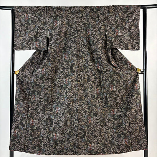【美品】 大島紬織 身長151.5cm 袖長63cm S 雙層 純泥染 證書齊全 草花紋紋 焦茶 正蠶絲 名品級