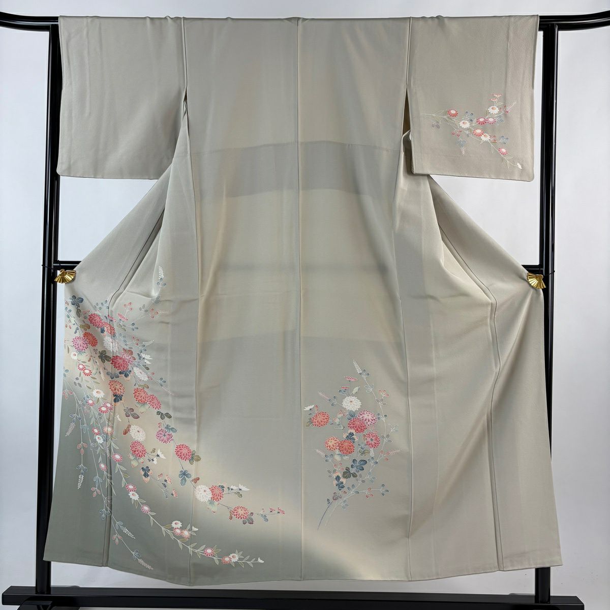 訪問服 身長152cm 袖長63.5cm S 雙層 菊花 萩 漸層 灰茶 純蠶絲 名品級