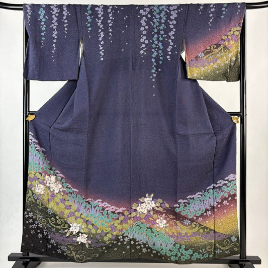 訪問服 身長158cm 袖長67.5cm L 雙層 草花紋紋 銀通し 絞染 紫 純蠶絲 名品級