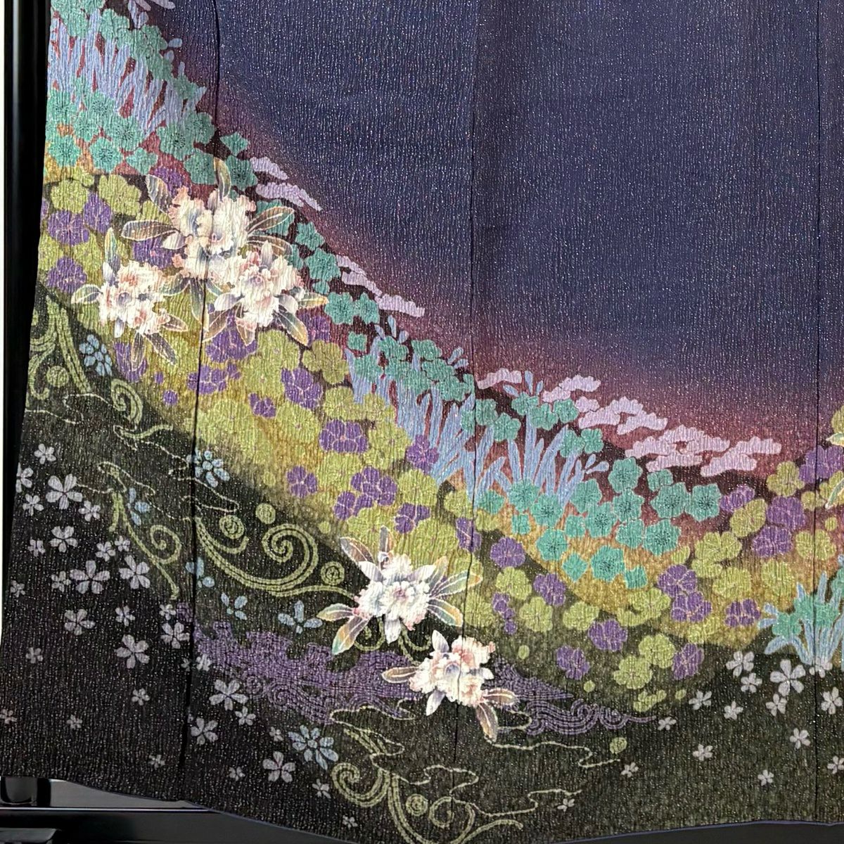 訪問服 身長158cm 袖長67.5cm L 雙層 草花紋紋 銀通し 絞染 紫 純蠶絲 名品級