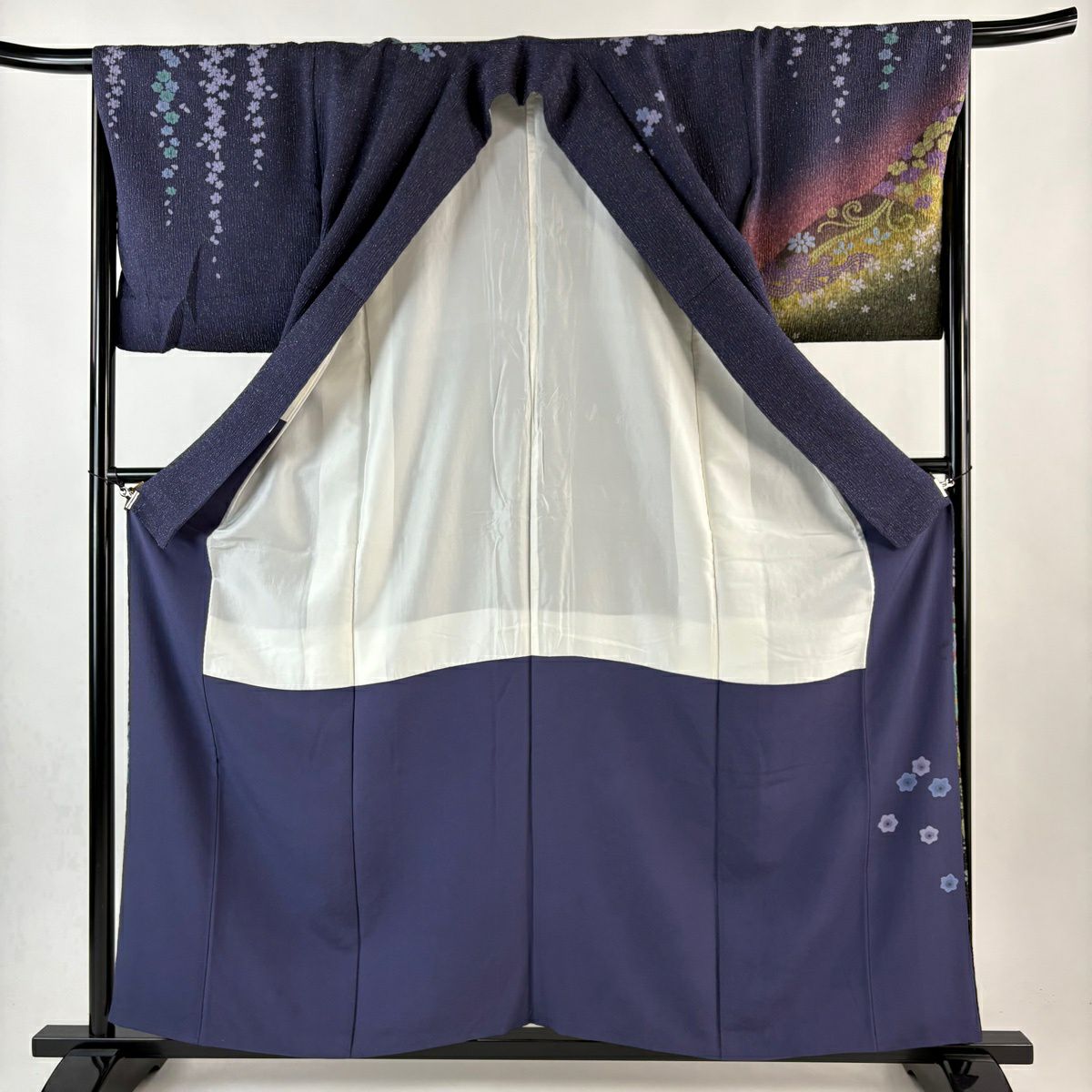 訪問服 身長158cm 袖長67.5cm L 雙層 草花紋紋 銀通し 絞染 紫 純蠶絲 名品級
