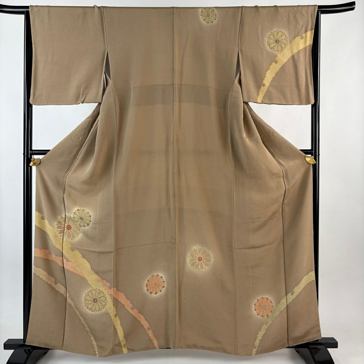 付下 身長159.5cm 袖長65cm M 雙層 雪芝 花 金銀彩 漸層 淺茶 純蠶絲 名品級