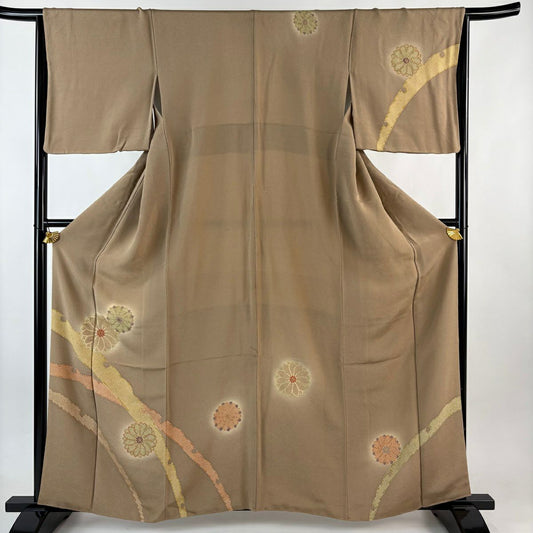 付下 身長159.5cm 袖長65cm M 雙層 雪芝 花 金銀彩 漸層 淺茶 純蠶絲 名品級