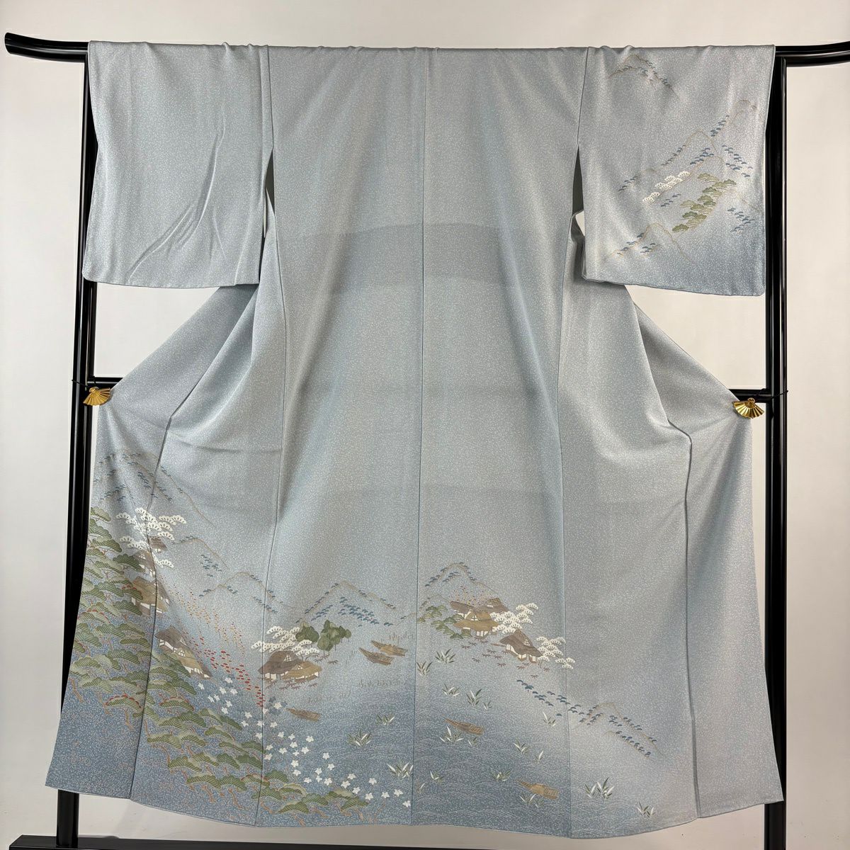 訪問服 身長151.5cm 袖長66cm M 雙層 風景 家屋 漸層 金彩裝飾 青灰 純蠶絲 名品級