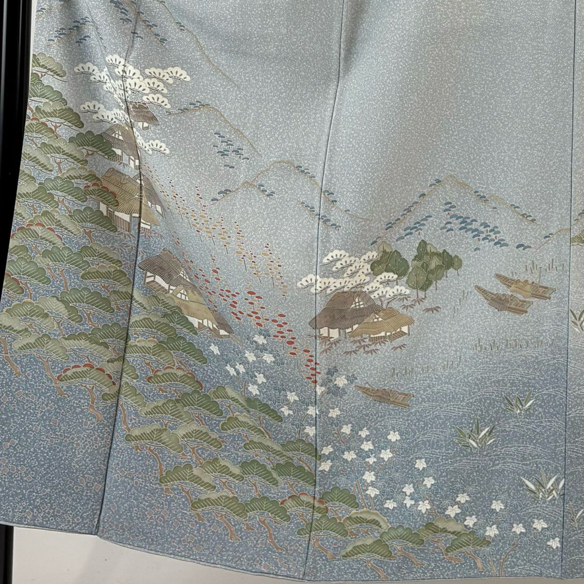 訪問服 身長151.5cm 袖長66cm M 雙層 風景 家屋 漸層 金彩裝飾 青灰 純蠶絲 名品級