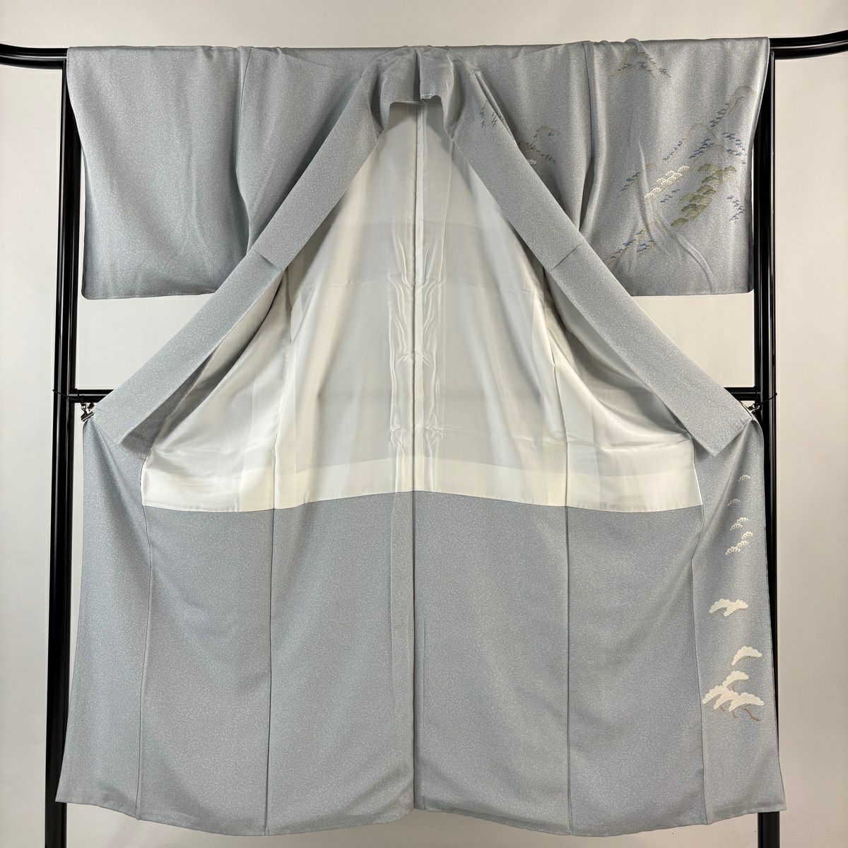 訪問服 身長151.5cm 袖長66cm M 雙層 風景 家屋 漸層 金彩裝飾 青灰 純蠶絲 名品級