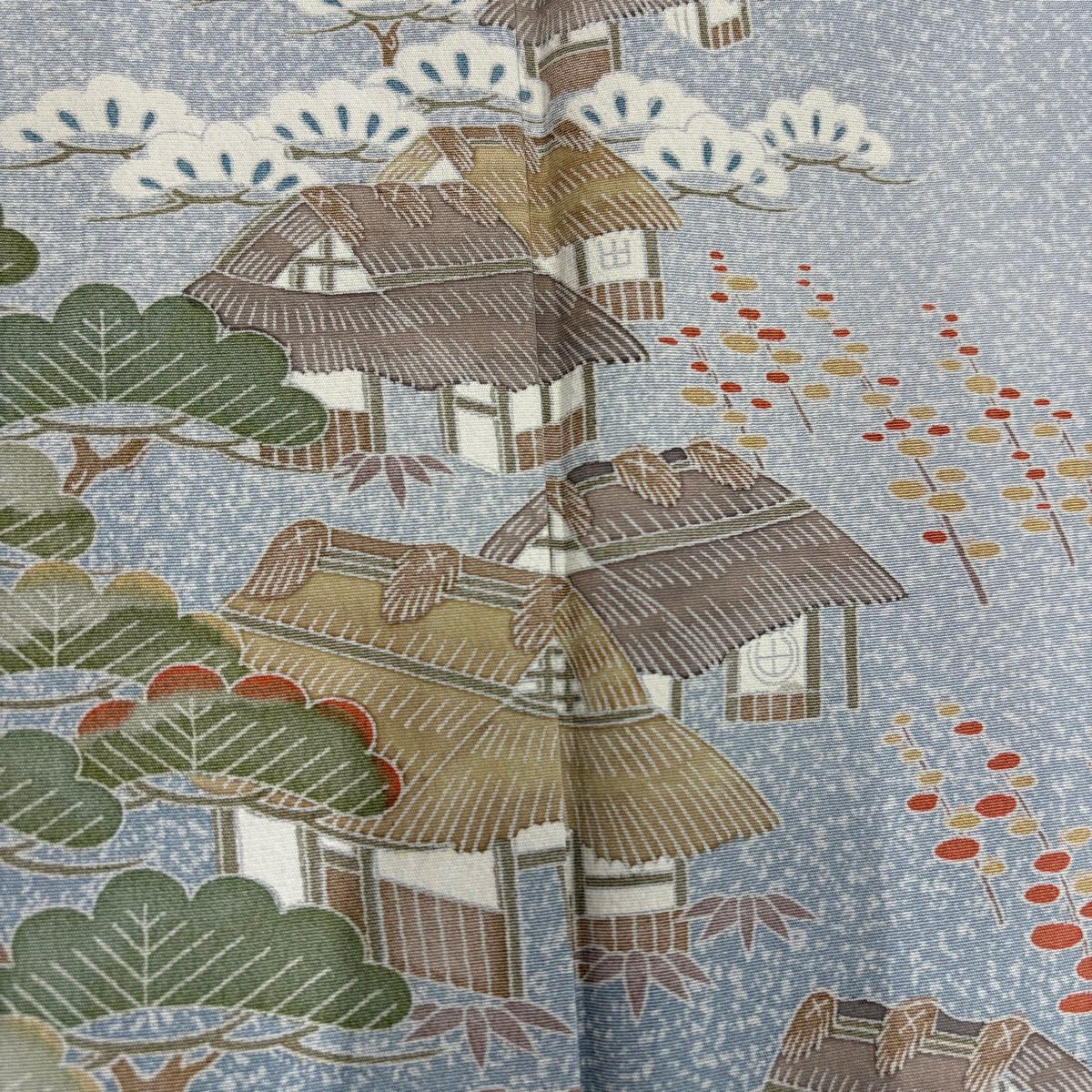 訪問服 身長151.5cm 袖長66cm M 雙層 風景 家屋 漸層 金彩裝飾 青灰 純蠶絲 名品級