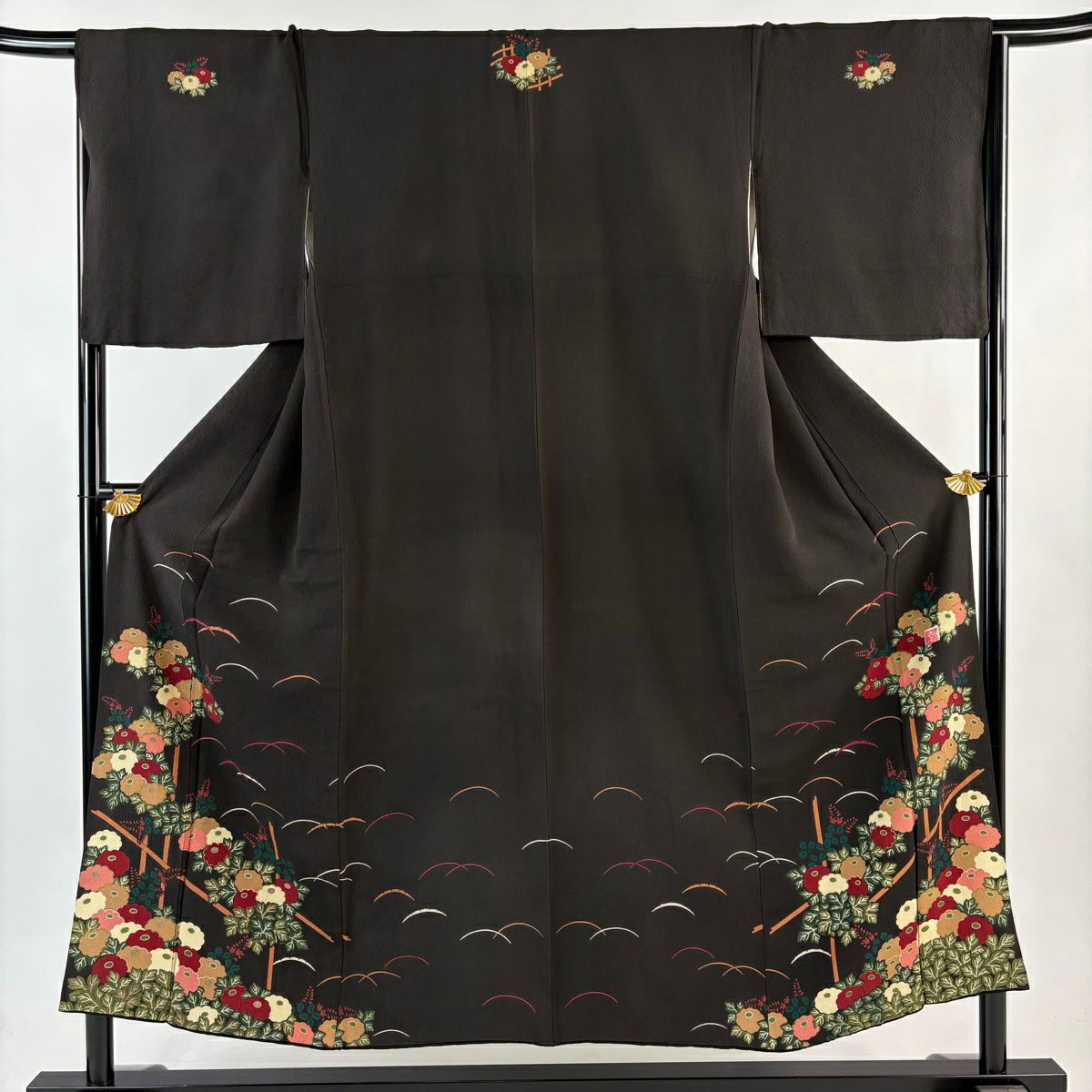 付下 身長151.5cm 袖長66.5cm M 雙層 菊花 芝 金絲 金銀彩 焦茶 純蠶絲 名品級 五つ紋