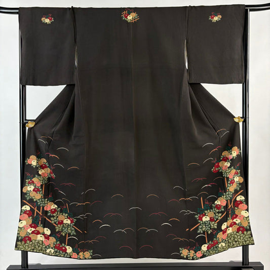 付下 身長151.5cm 袖長66.5cm M 雙層 菊花 芝 金絲 金銀彩 焦茶 純蠶絲 名品級 五つ紋