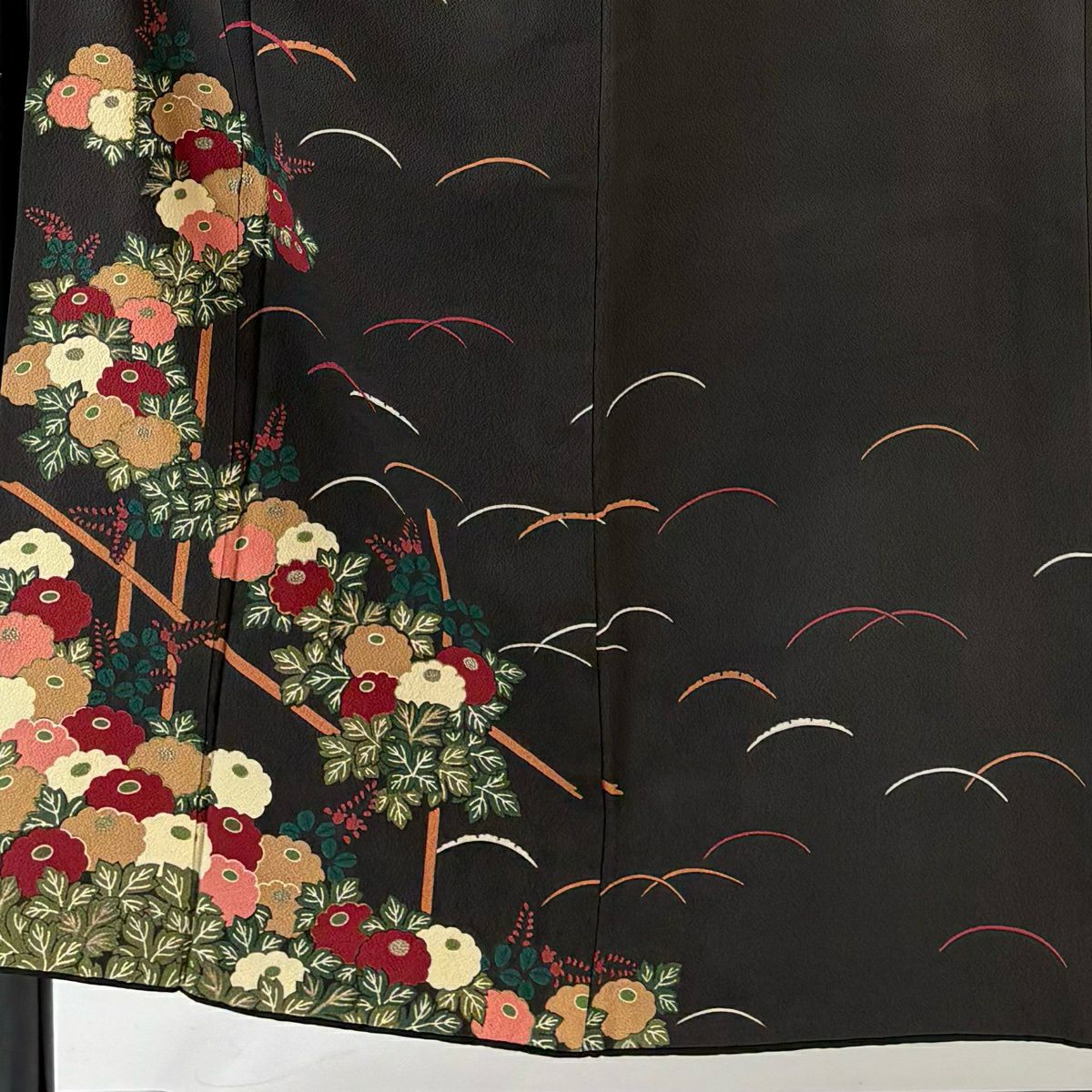 付下 身長151.5cm 袖長66.5cm M 雙層 菊花 芝 金絲 金銀彩 焦茶 純蠶絲 名品級 五つ紋