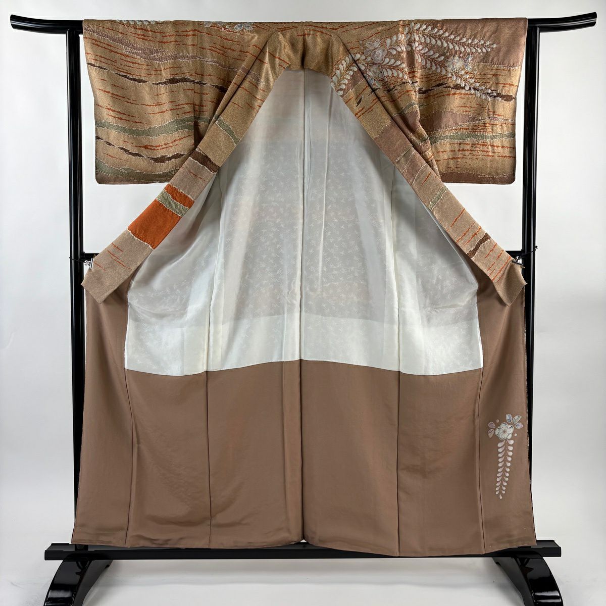 【美品】訪問服 身長158.5cm 袖長62cm S 雙層 翠山工房 落款あり 辻花染 霞 金銀彩 金通し 薄茶 純蠶絲 名品級