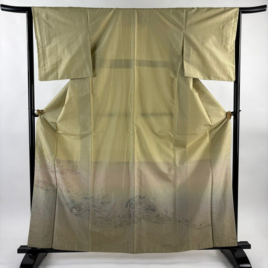 【美品】 付下 身長163cm 袖長64cm M 雙層 大島紬織地 證書齊全 扇子面 草花紋刺繡 淡黃土 純蠶絲 名品級