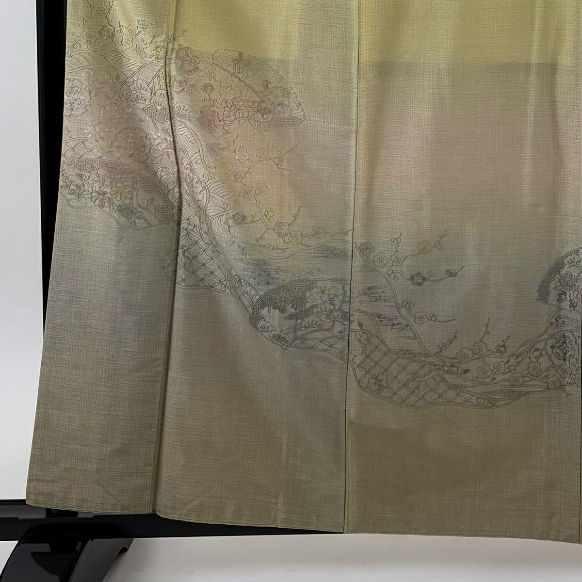 【美品】 付下 身長163cm 袖長64cm M 雙層 大島紬織地 證書齊全 扇子面 草花紋刺繡 淡黃土 純蠶絲 名品級